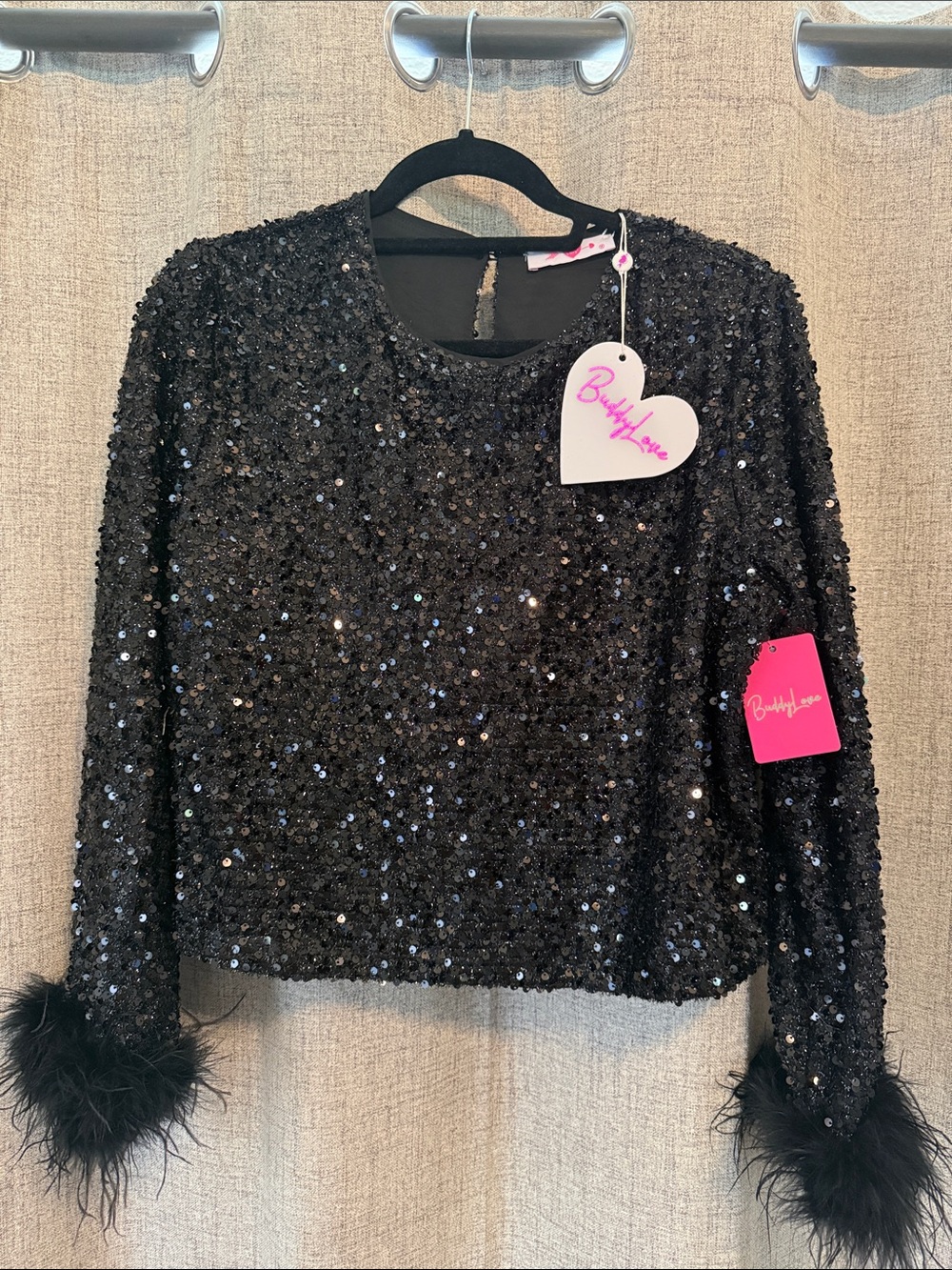 Buddy Love Black Sequin Feather-Cuff Cropped Blouse